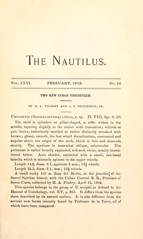Media type: text; Pilsbry and Henderson 1913 Description: The Nautilus, vol. XXVI, no. 10;