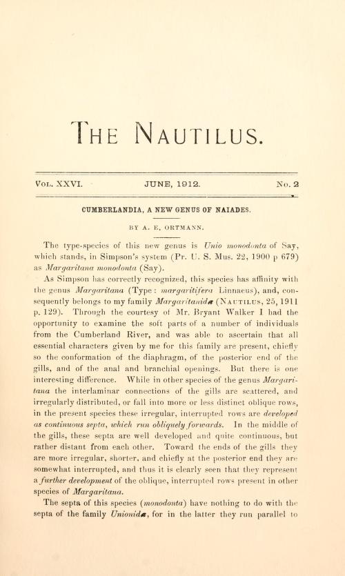 Media type: text; Frierson 1912 Description: The Nautilus, vol. XXVI, no. 2;